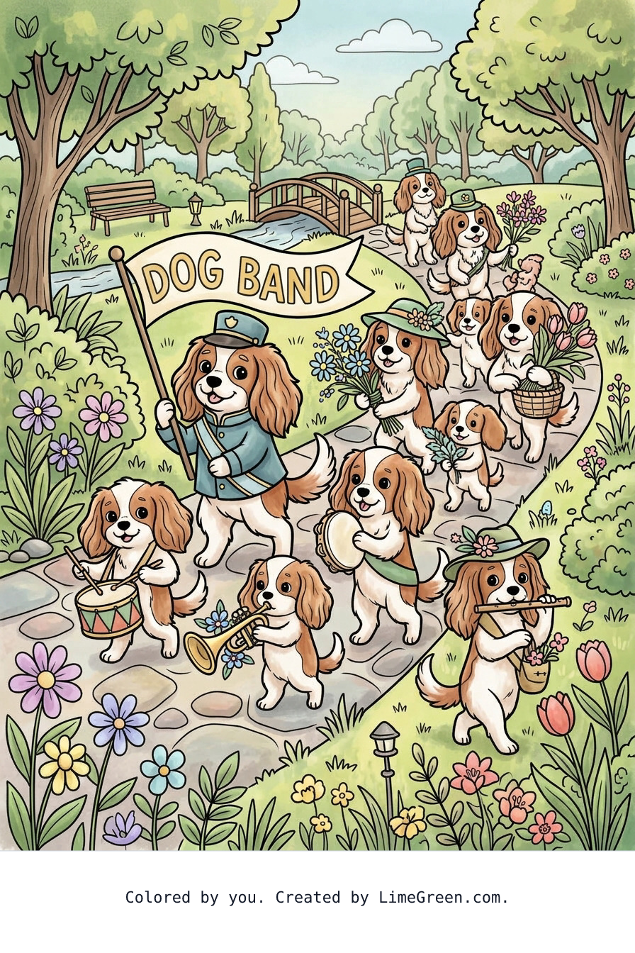 Colored preview of A marching band of King Charles dogs and puppies carrying flowers through a park