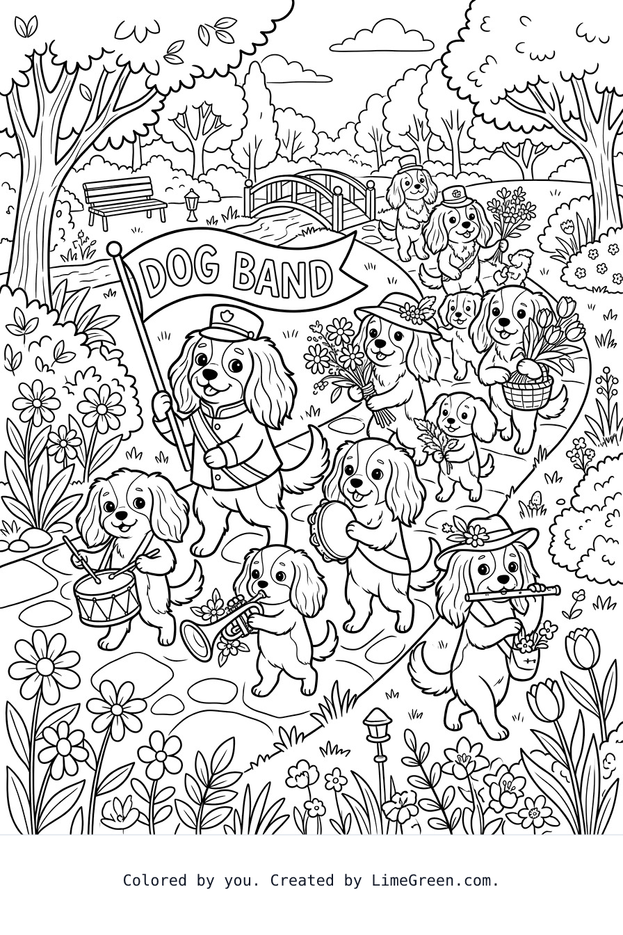 A marching band of King Charles dogs and puppies carrying flowers through a park