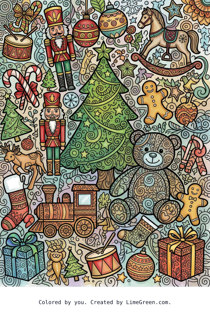 Colored preview of a zentangle style coloring page with christmas toys scattered around in different sizes