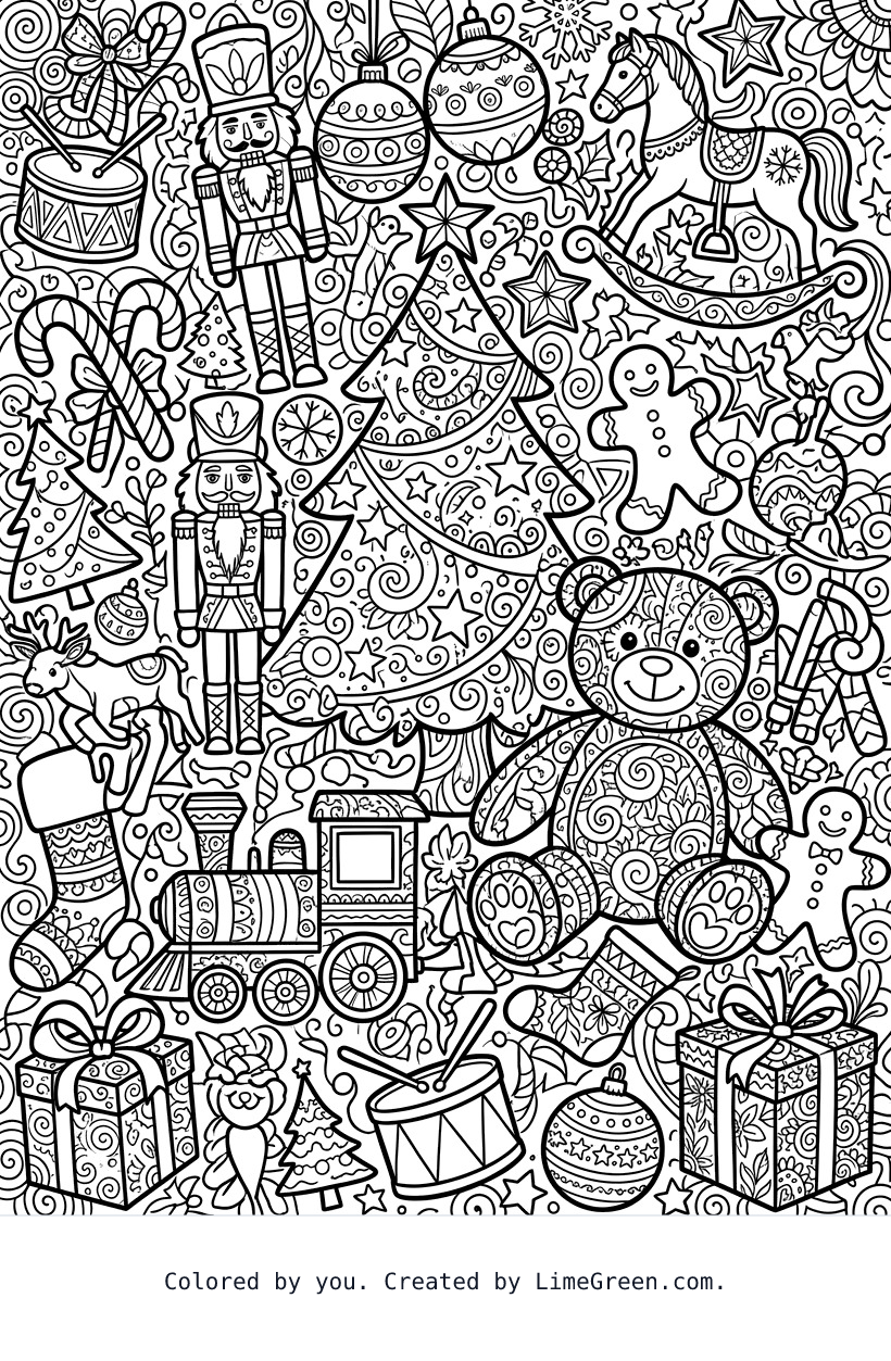 a zentangle style coloring page with christmas toys scattered around in different sizes