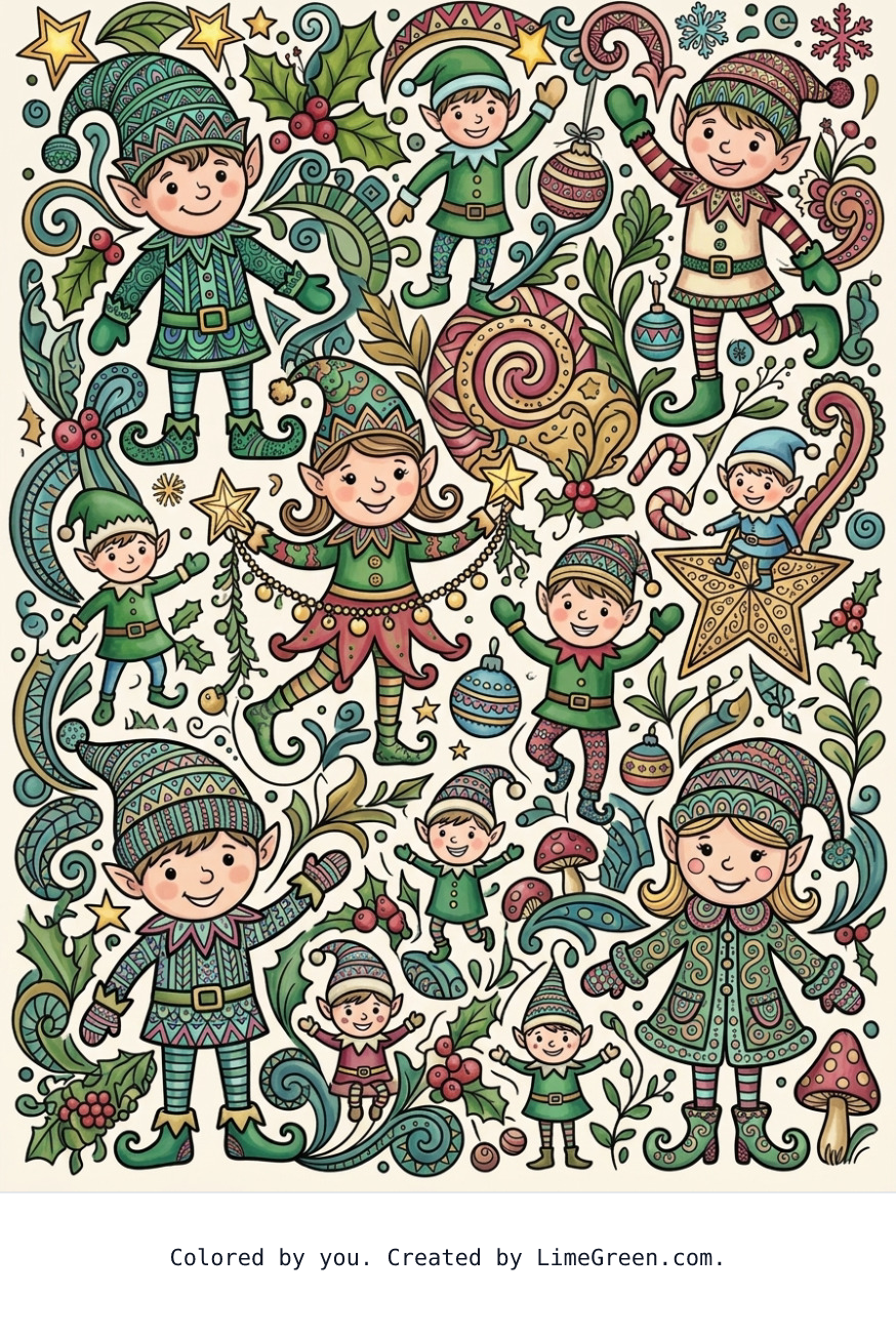 Colored preview of a zentangle style coloring page with christmas elves scattered around in different sizes