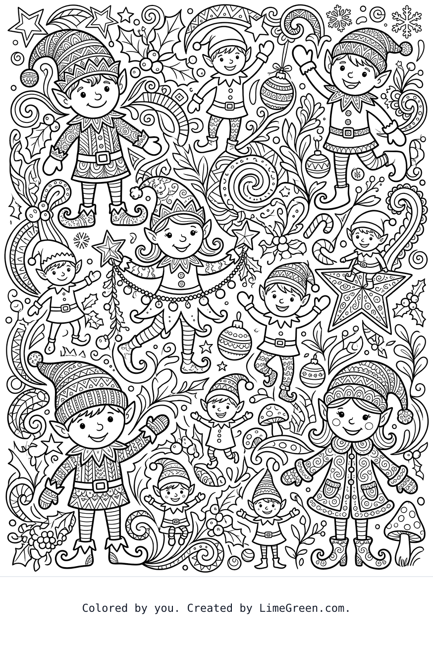 a zentangle style coloring page with christmas elves scattered around in different sizes