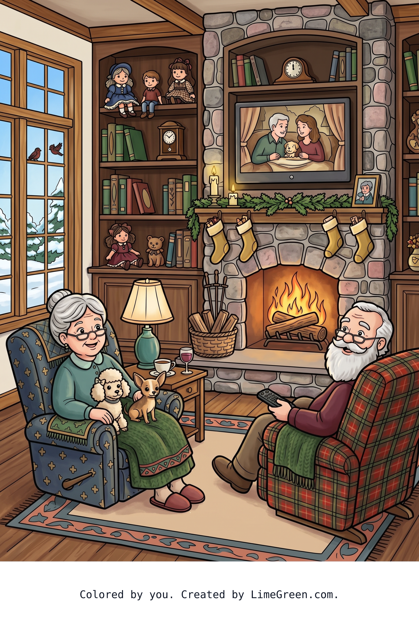 Colored preview of A grandma and grandpa with Mr and Mrs Claus features are sitting with a small poodle and Chihuahua sitting in grandmas lap that are placed in front of the full wall length fireplace hearth that is on opposite wall in same but different recliner chairs while watching tv that’s in a big wall unit with books and dolls on the accent shelves that is highlighted by the house window to the left of room
