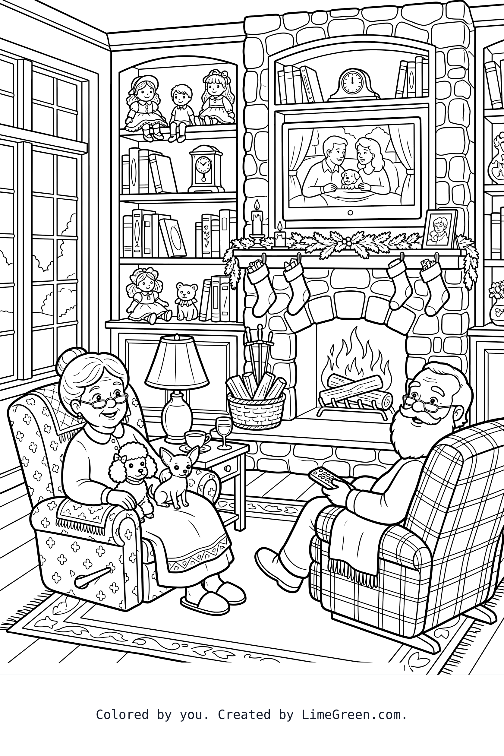 A grandma and grandpa with Mr and Mrs Claus features are sitting with a small poodle and Chihuahua sitting in grandmas lap that are placed in front of the full wall length fireplace hearth that is on opposite wall in same but different recliner chairs while watching tv that’s in a big wall unit with books and dolls on the accent shelves that is highlighted by the house window to the left of room