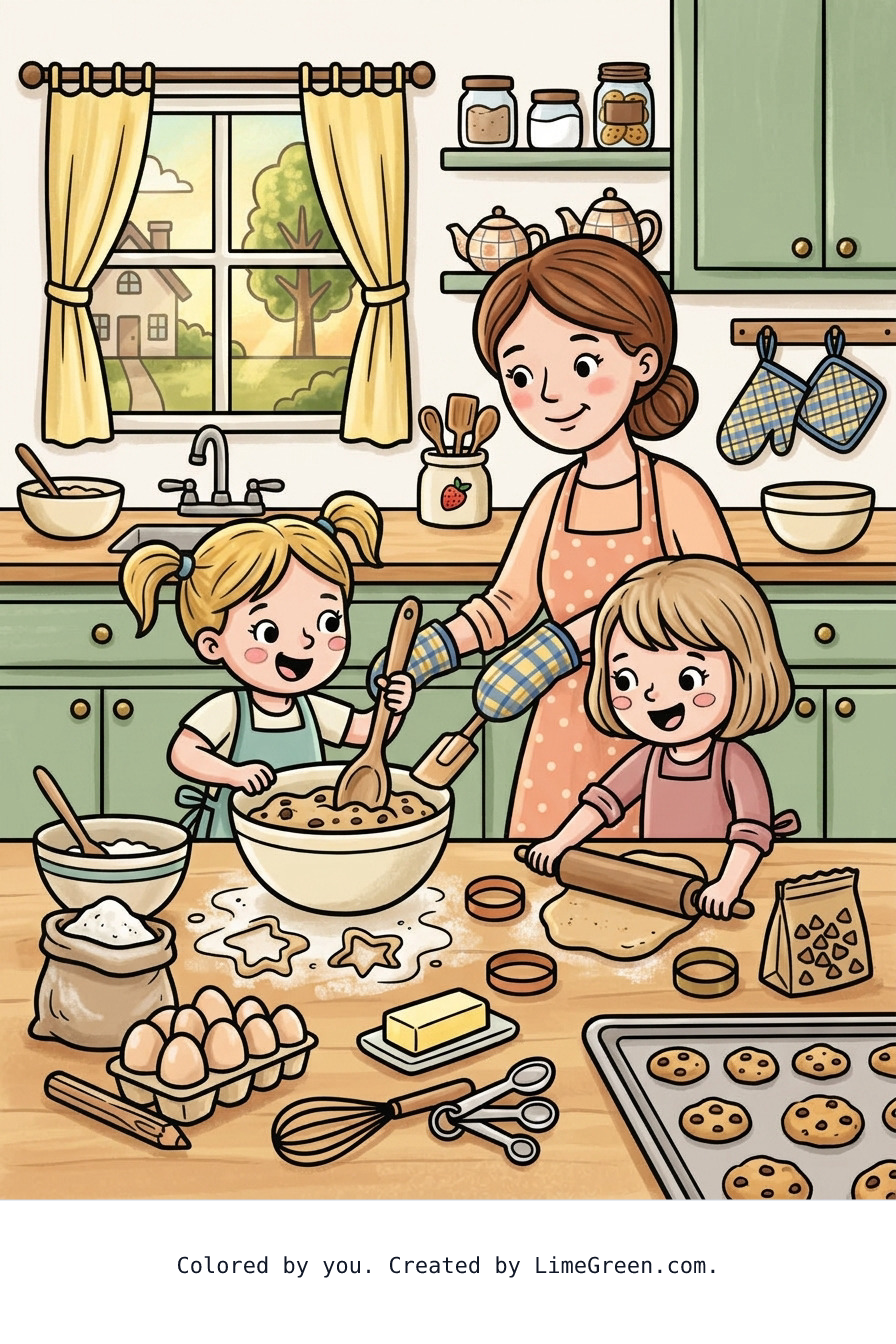 Colored preview of two girls making cookies in the kitchen with their mom