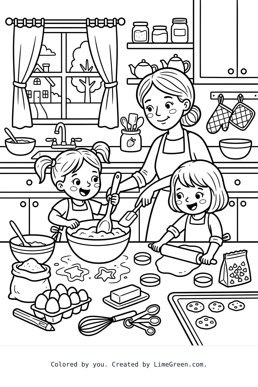 two girls making cookies in the kitchen with their mom