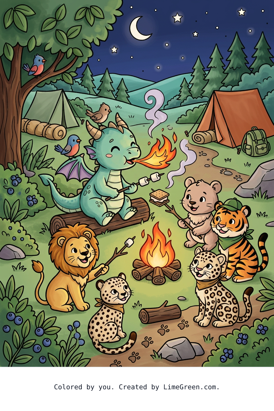 Colored preview of A very cute baby dragon making s’mores by blowing on it with his hot, hot, hot, hot fire. The dragon is at a campsite with his birds and lions and jaguars and tigers and cheetahs that are all his friends.