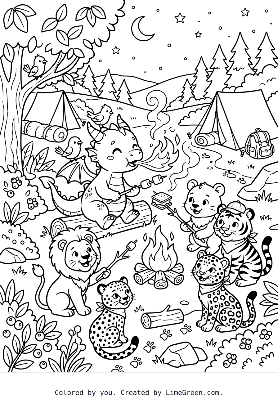 Printable A very cute baby dragon making s’mores by blowing on it with his hot, hot, hot, hot fire. The dragon is at a campsite with his birds and lions and jaguars and tigers and cheetahs that are all his friends. coloring page