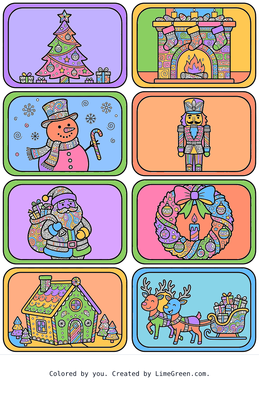 Colored preview of 8 separate photo style frames on a page, each with a unique zentangle christmas scene