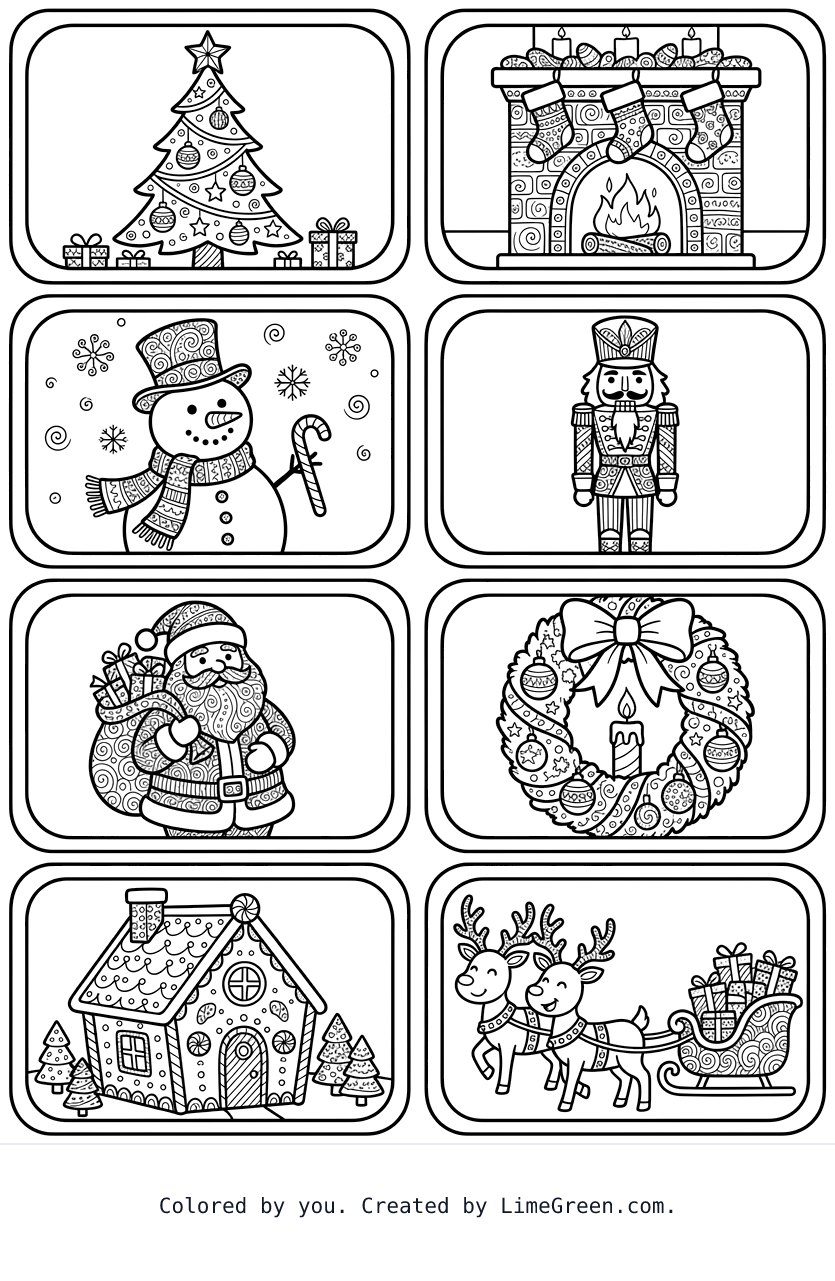 8 separate photo style frames on a page, each with a unique zentangle christmas scene
