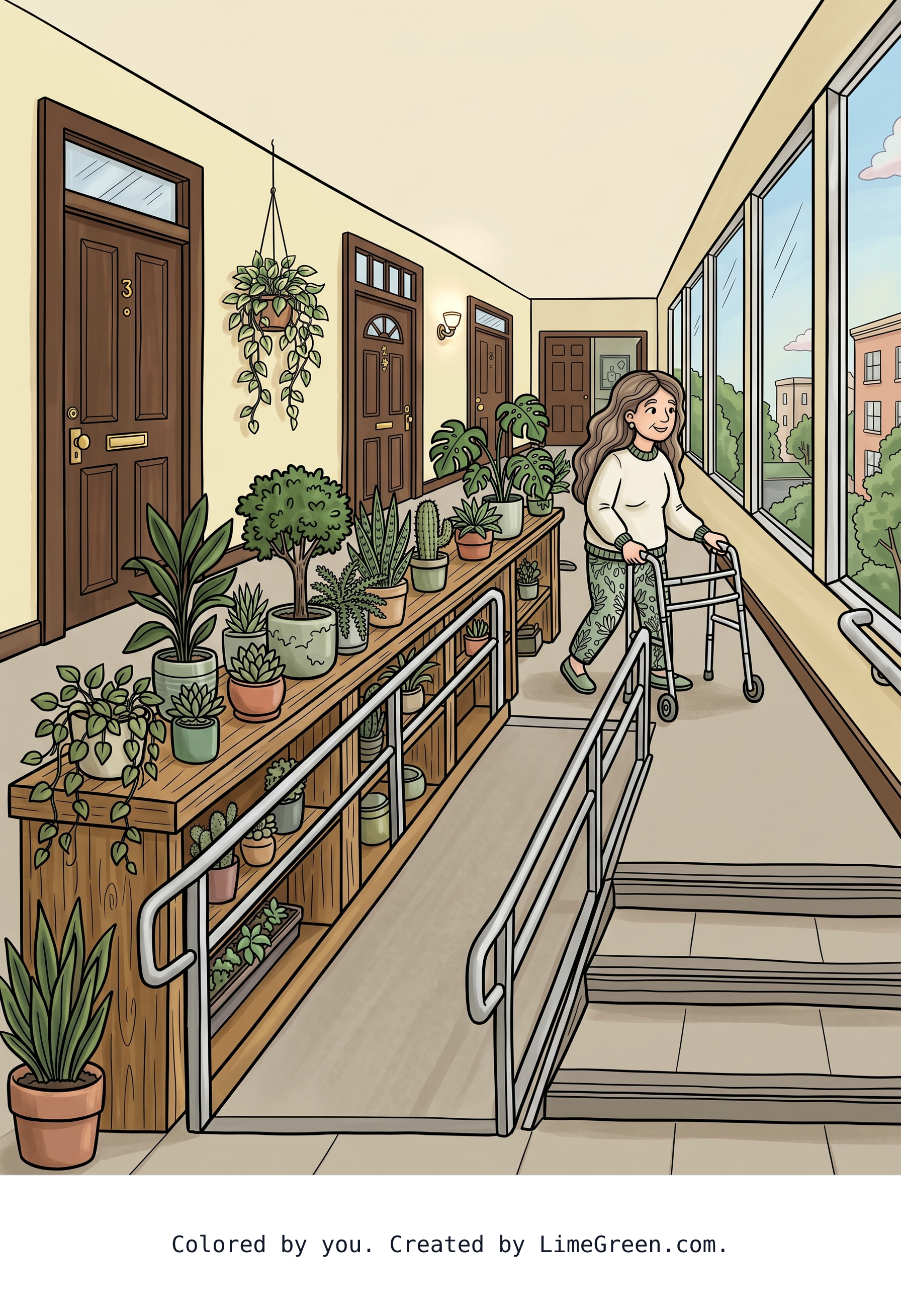 Colored preview of A mature long haired woman with a row of so many different types of houseplant along a hallways shelf that runs parallel with a long wheelchair ramp that sits in front of the apartment doors with full length windows across from the apartment doors of the other residents