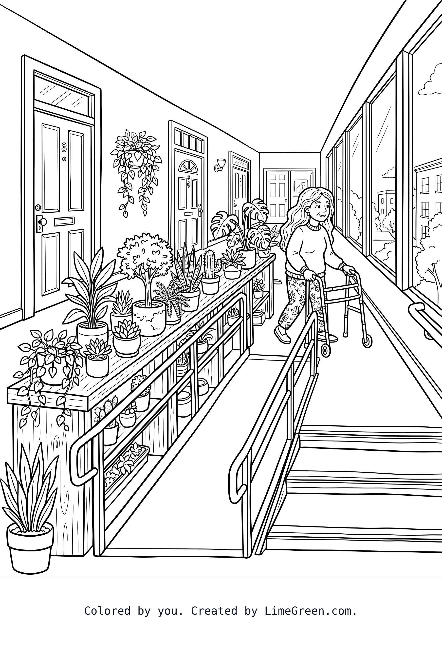 A mature long haired woman with a row of so many different types of houseplant along a hallways shelf that runs parallel with a long wheelchair ramp that sits in front of the apartment doors with full length windows across from the apartment doors of the other residents