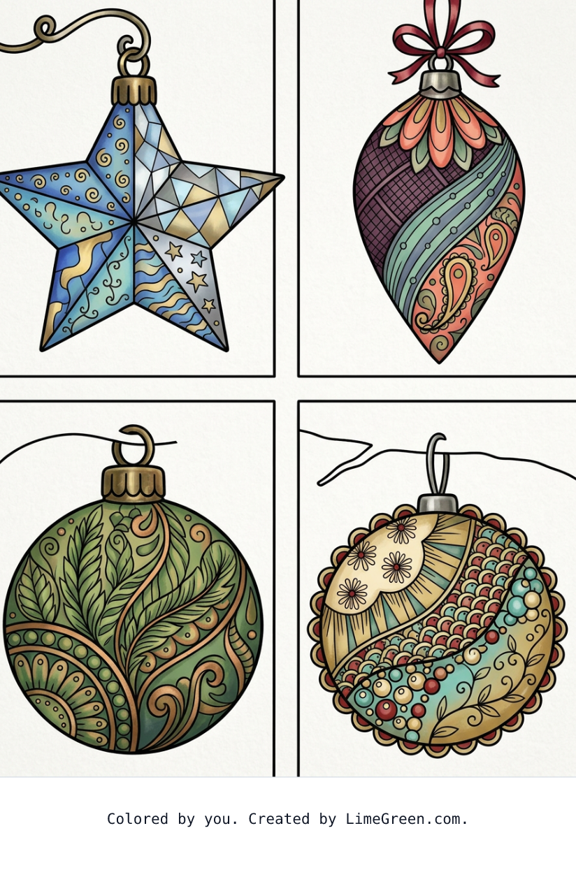 Colored preview of 4 separate frames on a page, each with a unique zentangle Christmas ornament