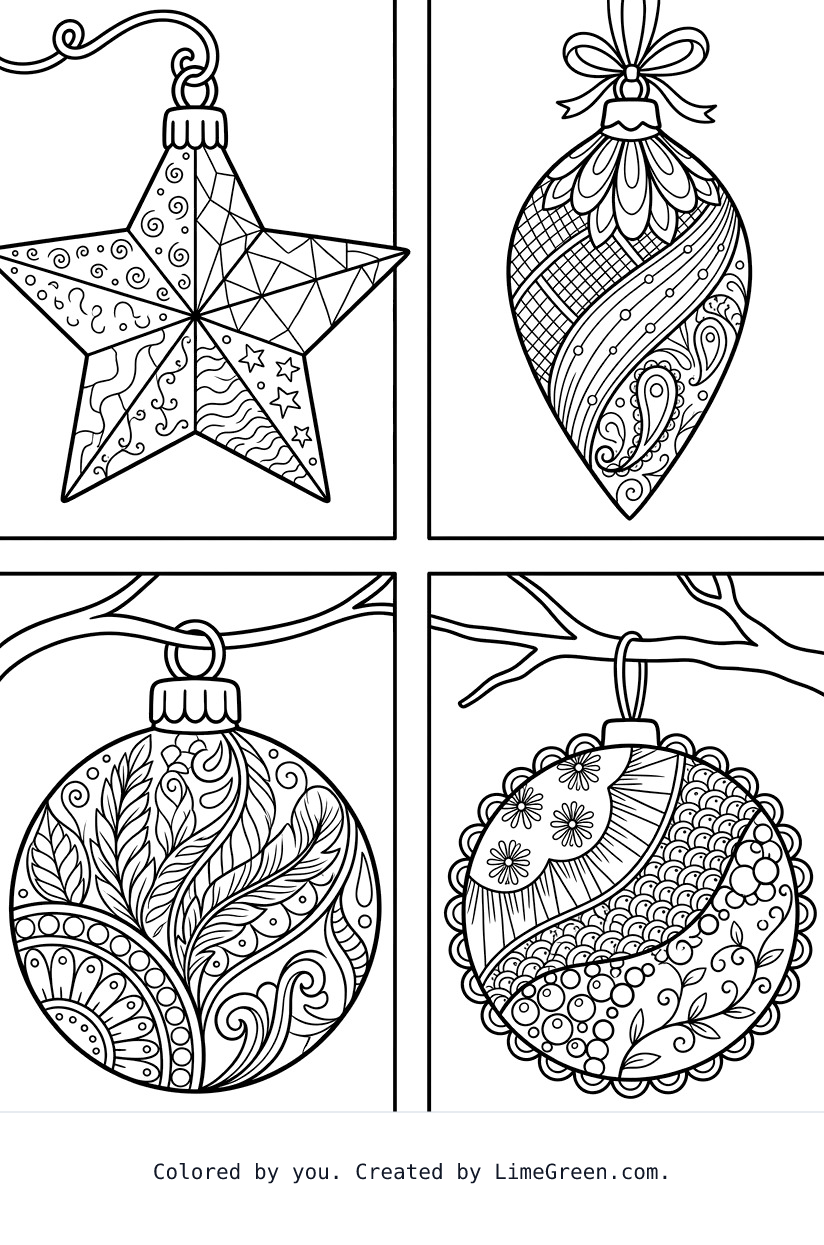 4 separate frames on a page, each with a unique zentangle Christmas ornament