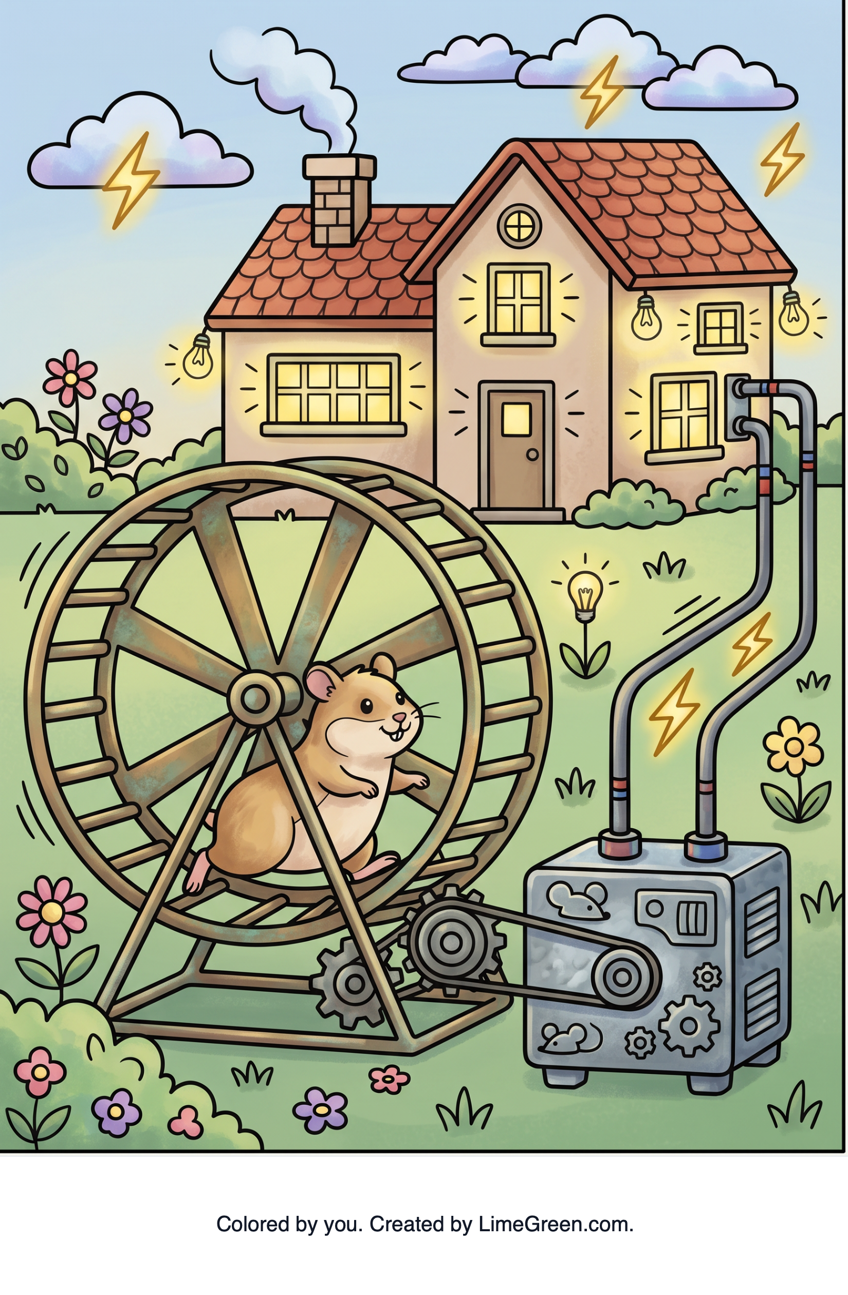Colored preview of A hamster running in a wheel that generates electricity to power a house.