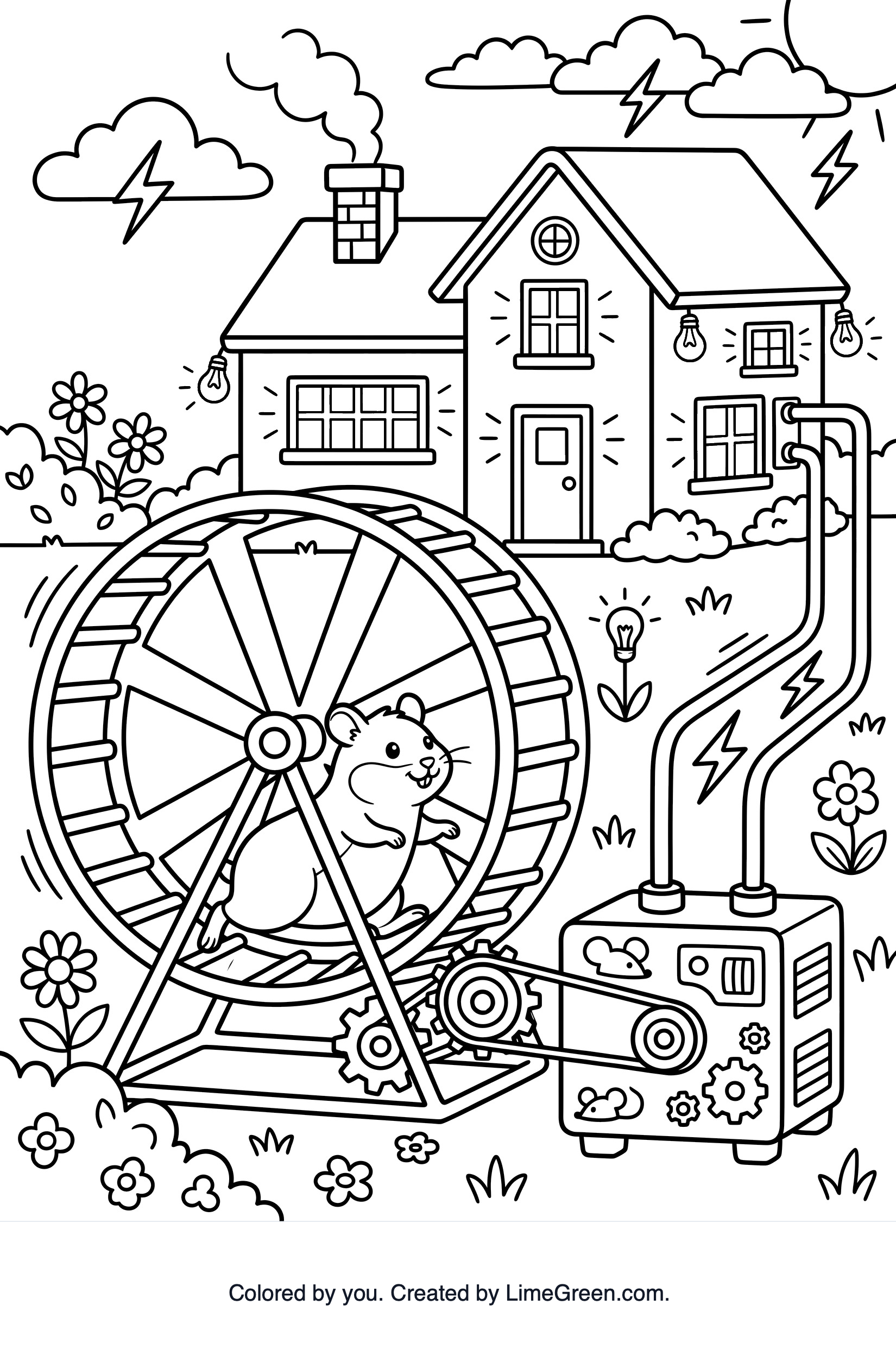 A hamster running in a wheel that generates electricity to power a house.