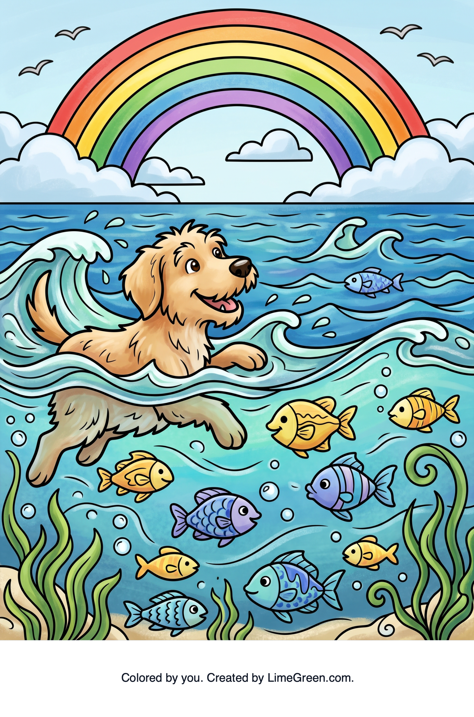 Colored preview of A dog swimming in the ocean looking at all the fish with a rainbow in the background.