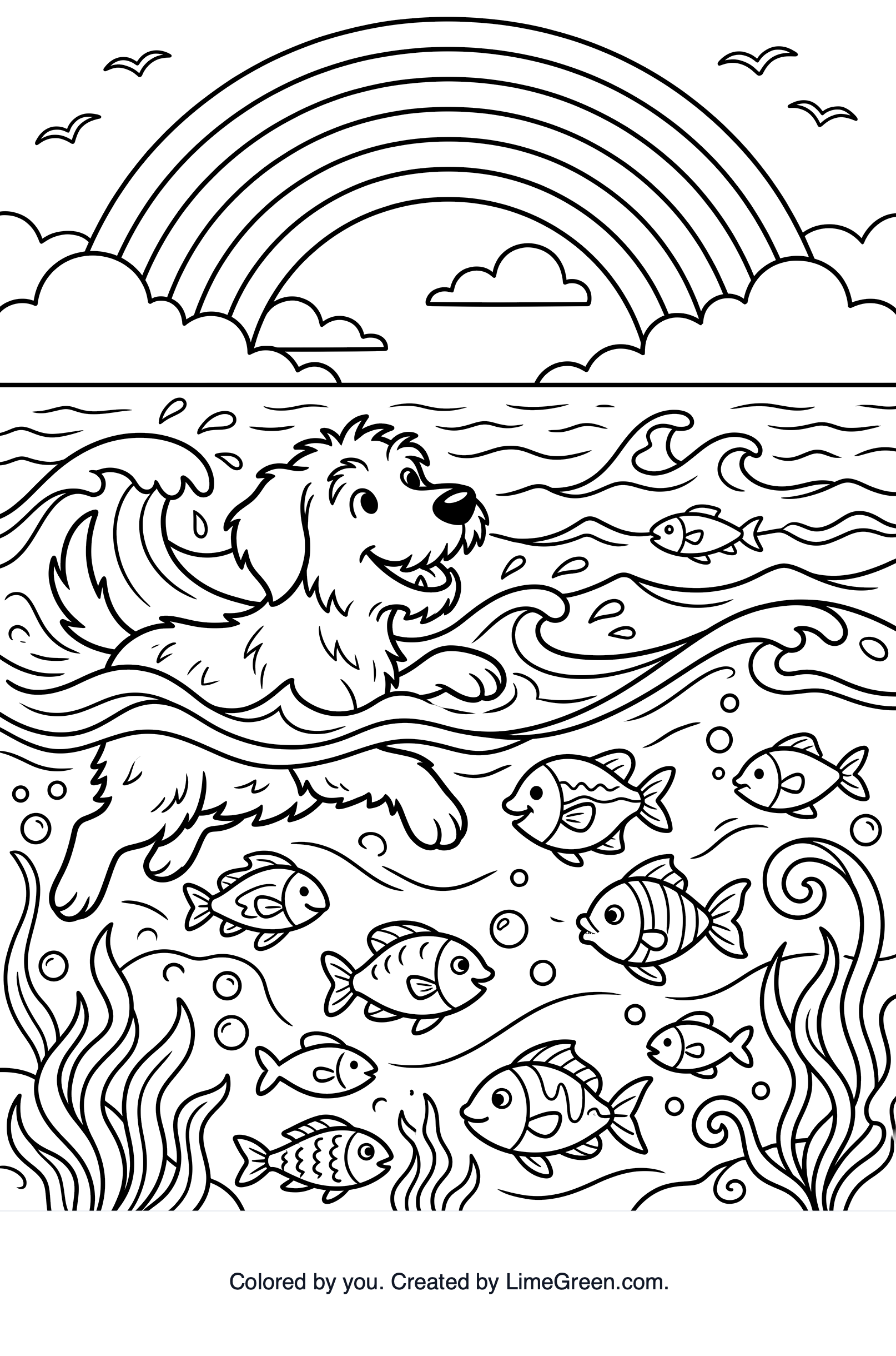 A dog swimming in the ocean looking at all the fish with a rainbow in the background.