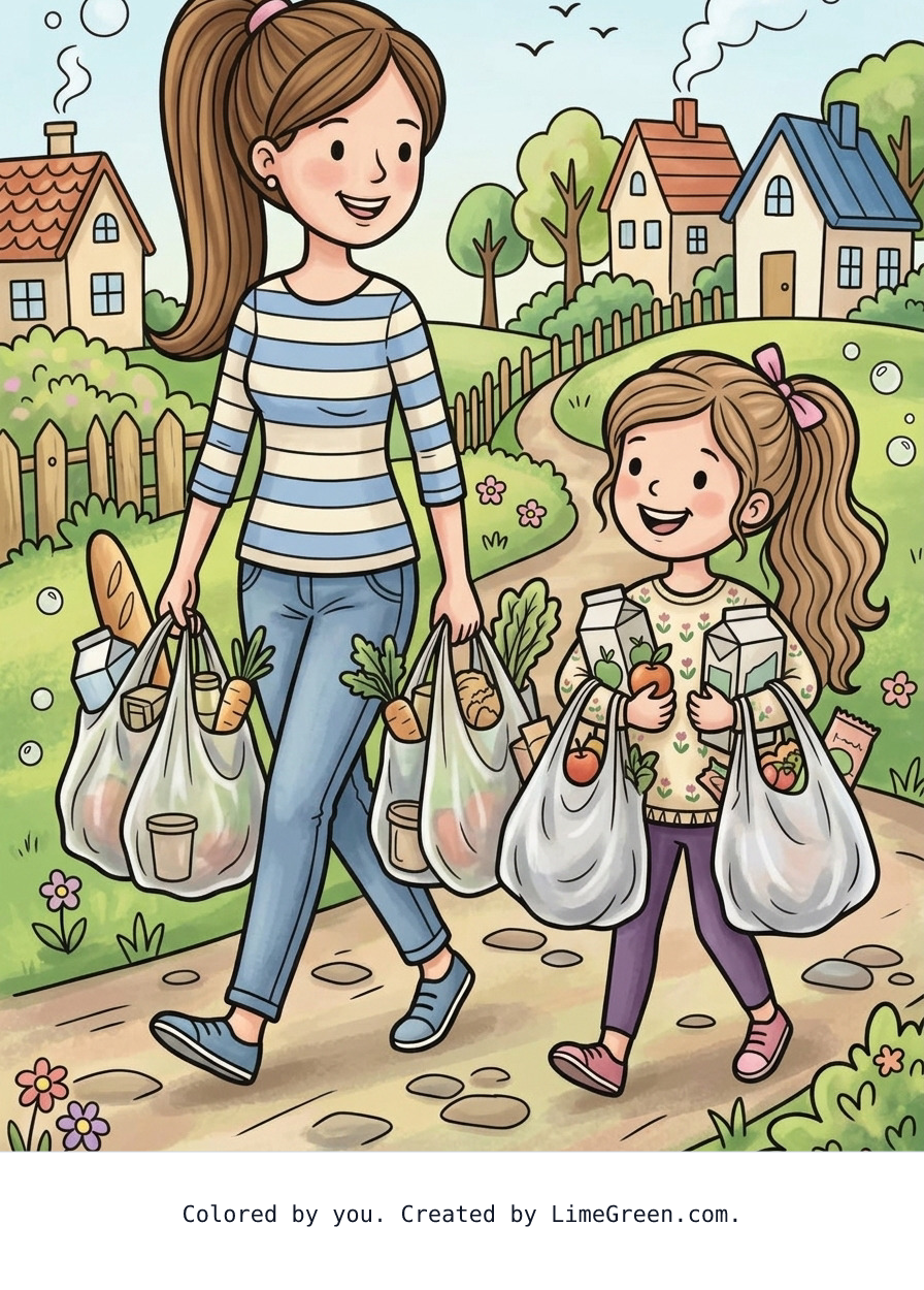 Colored preview of a mother 5'5" with long hair in a  pulled straight back into a ponytail with daughter a tiny bit on the heavy side 4 " tall with long hair on the wavy side in a ponytail both carrying heavy bags of groceries in plastic bags Coloring Page