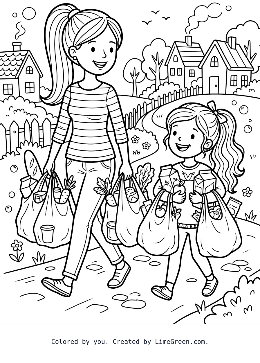 a mother 5'5" with long hair in a  pulled straight back into a ponytail with daughter a tiny bit on the heavy side 4 " tall with long hair on the wavy side in a ponytail both carrying heavy bags of groceries in plastic bags Coloring Page