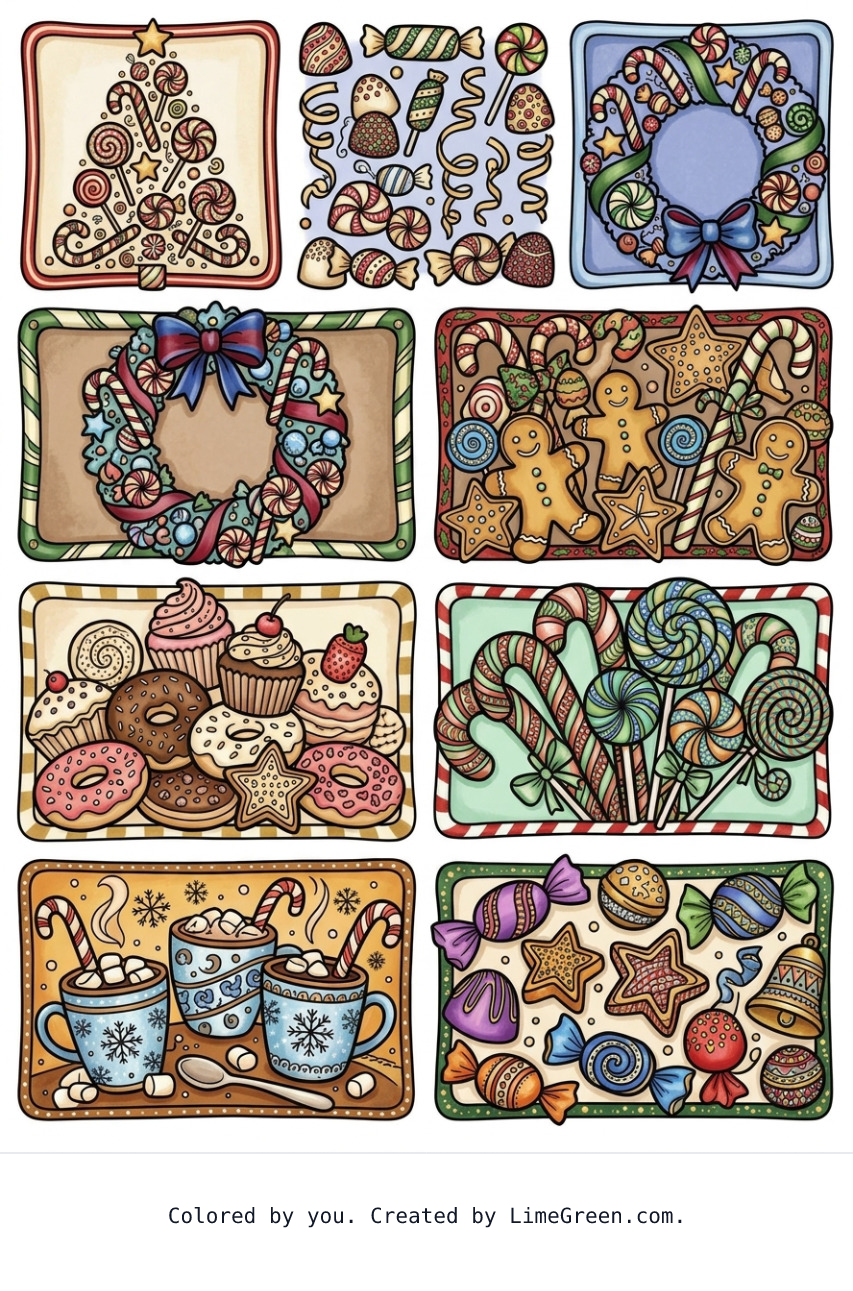 Colored preview of 8 separate photo style frames on a page, each with a unique zentangle set of holiday candies and sweets.