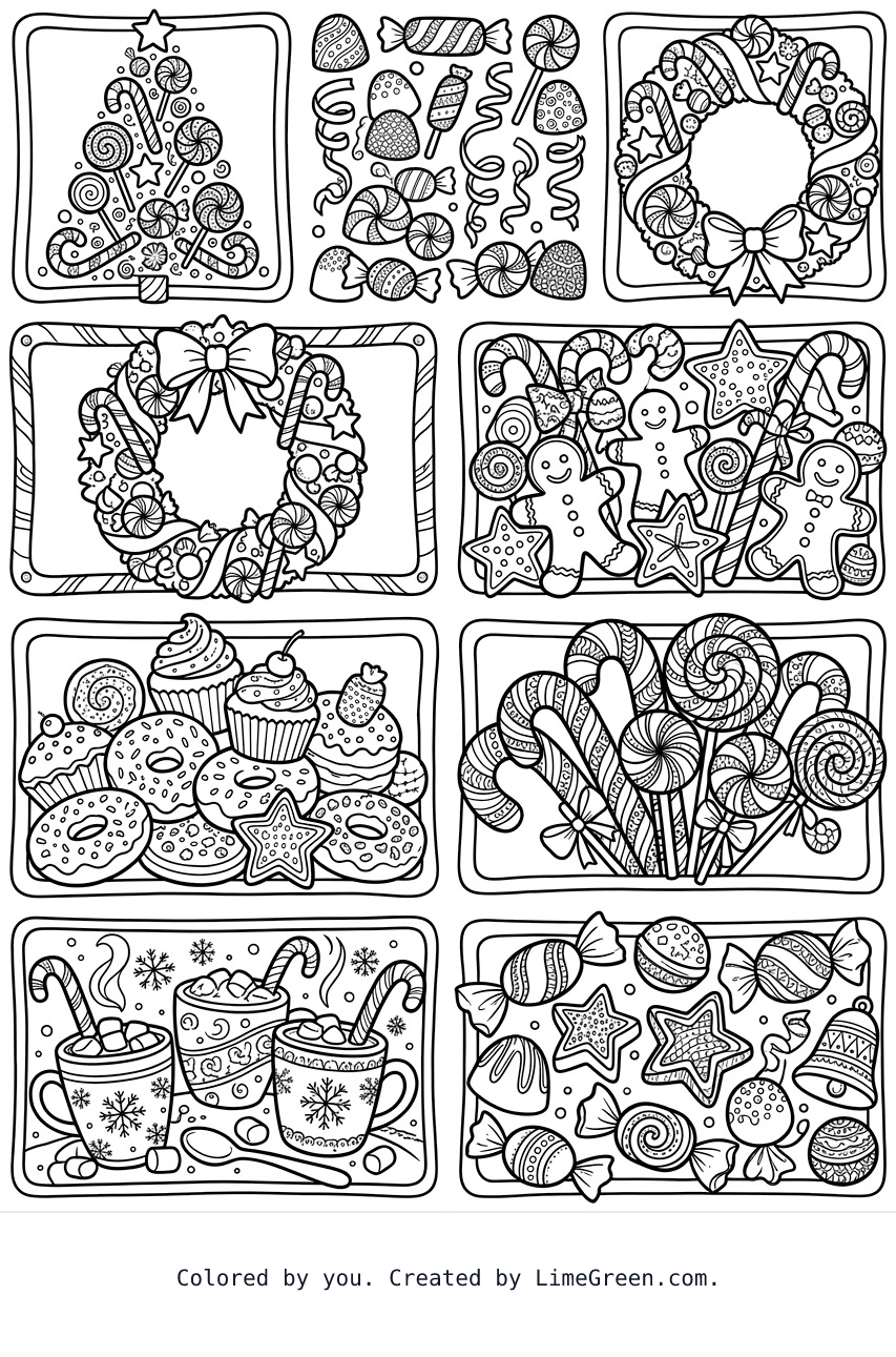 8 separate photo style frames on a page, each with a unique zentangle set of holiday candies and sweets.