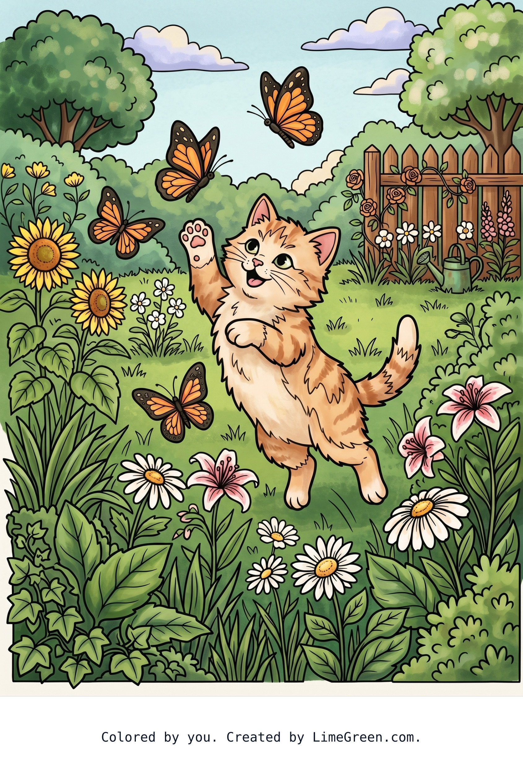 Colored preview of A kitten trying to catch butterflies in the backyard
