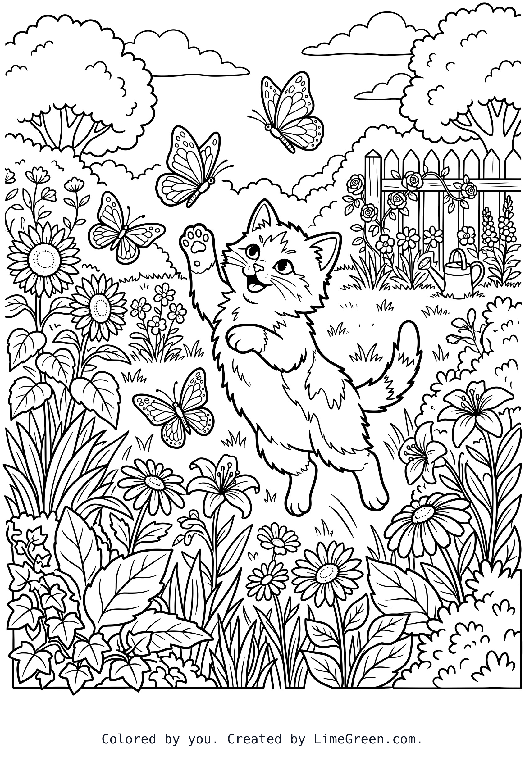 A kitten trying to catch butterflies in the backyard