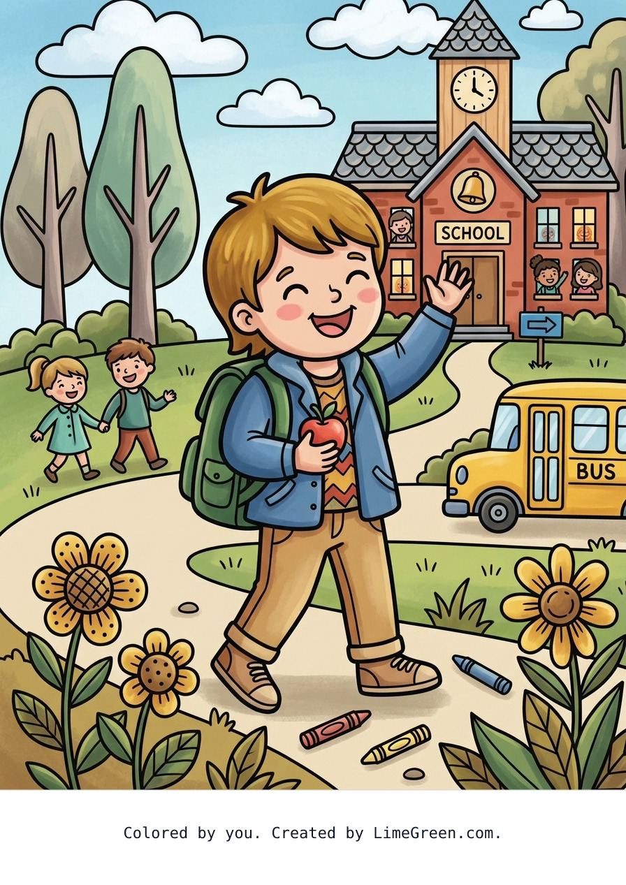 Colored preview of a child first day of school