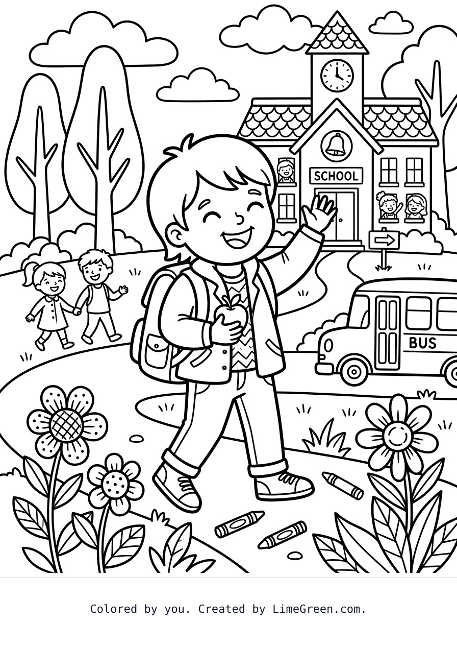 Printable a child first day of school coloring page