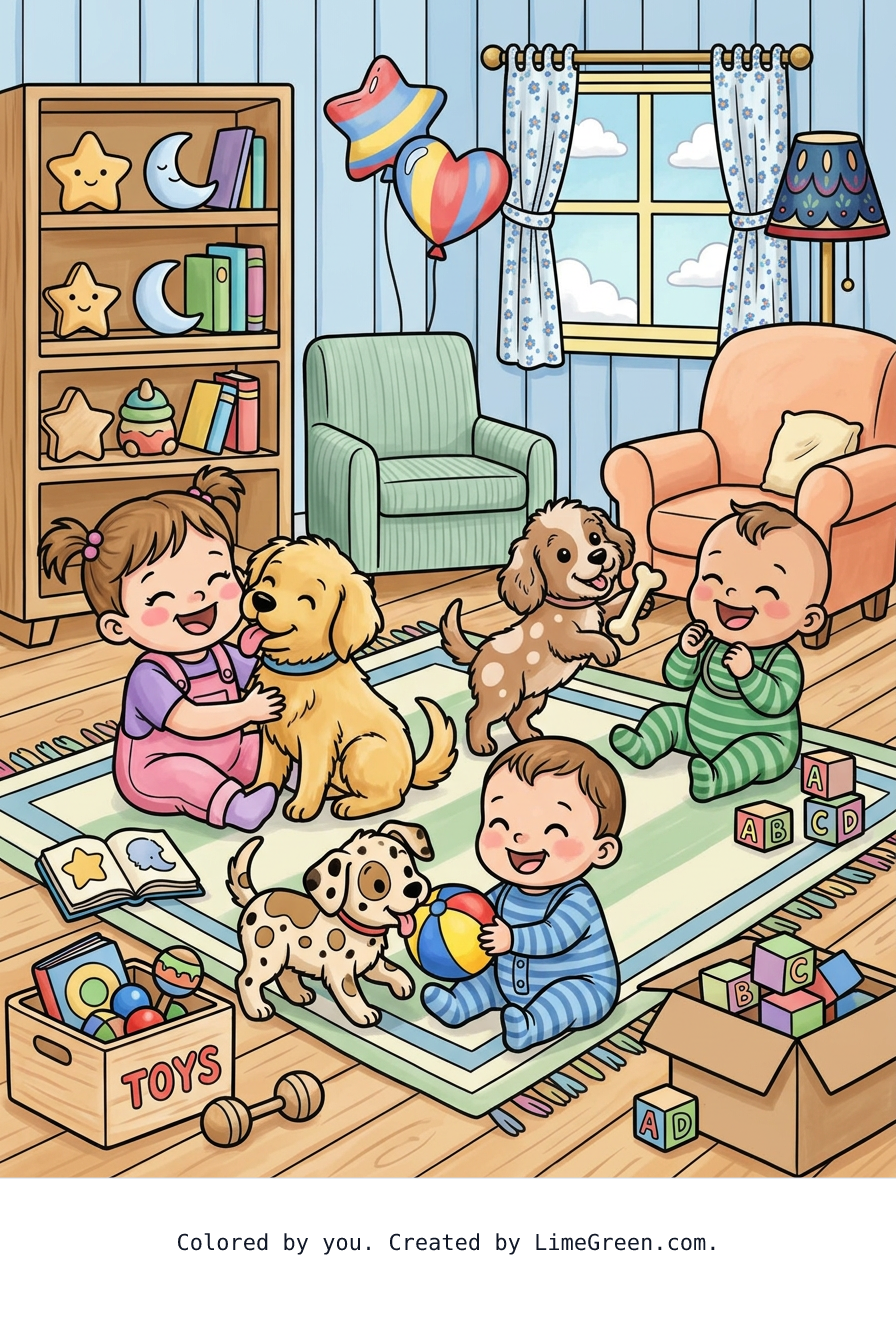 Colored preview of 3 babies and 3 puppies playing in a room