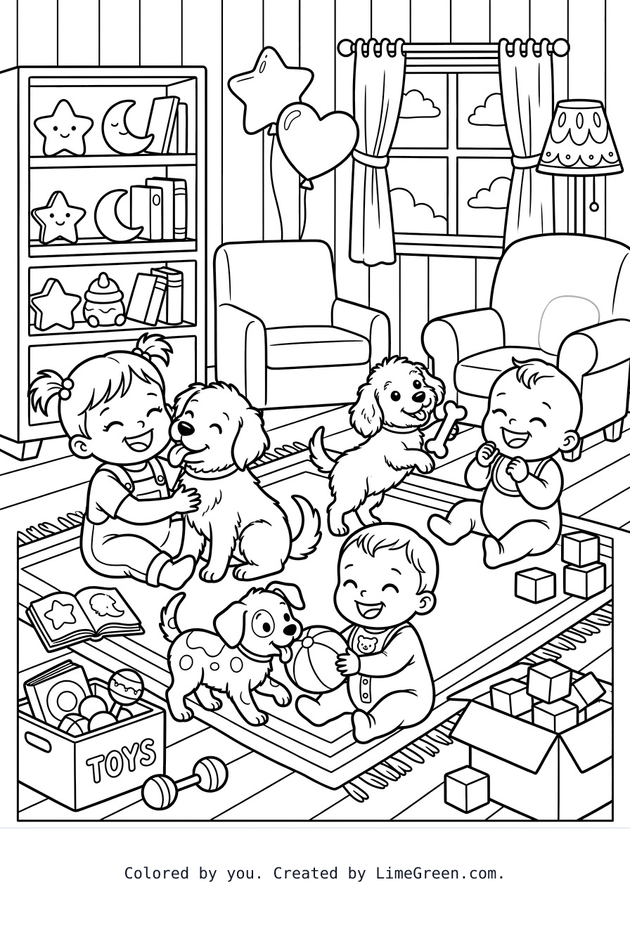 3 babies and 3 puppies playing in a room