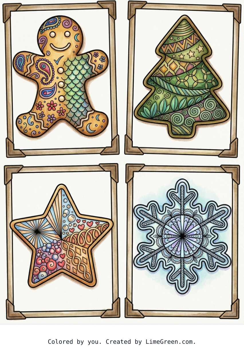 Colored preview of 4 separate photo style frames on a page, each with a unique zentangle christmas cookie