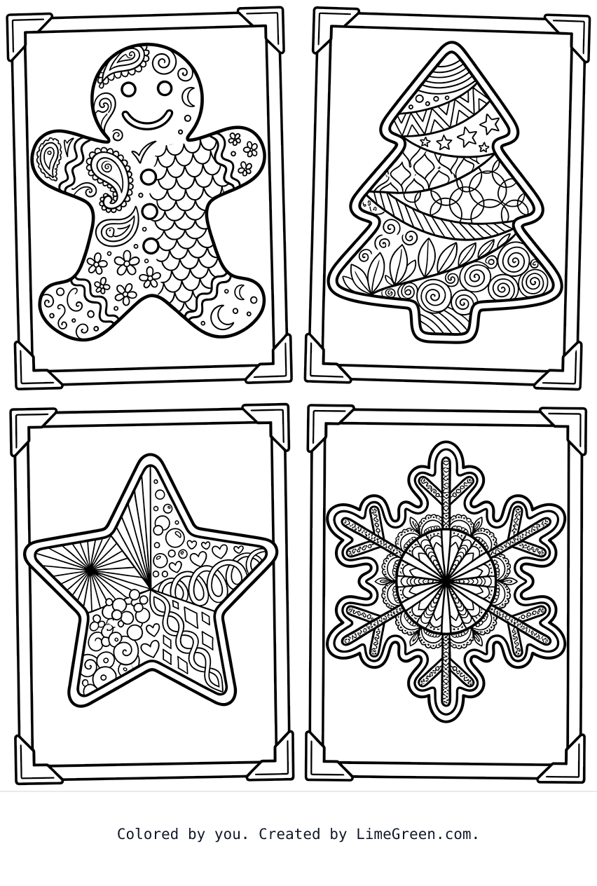 4 separate photo style frames on a page, each with a unique zentangle christmas cookie