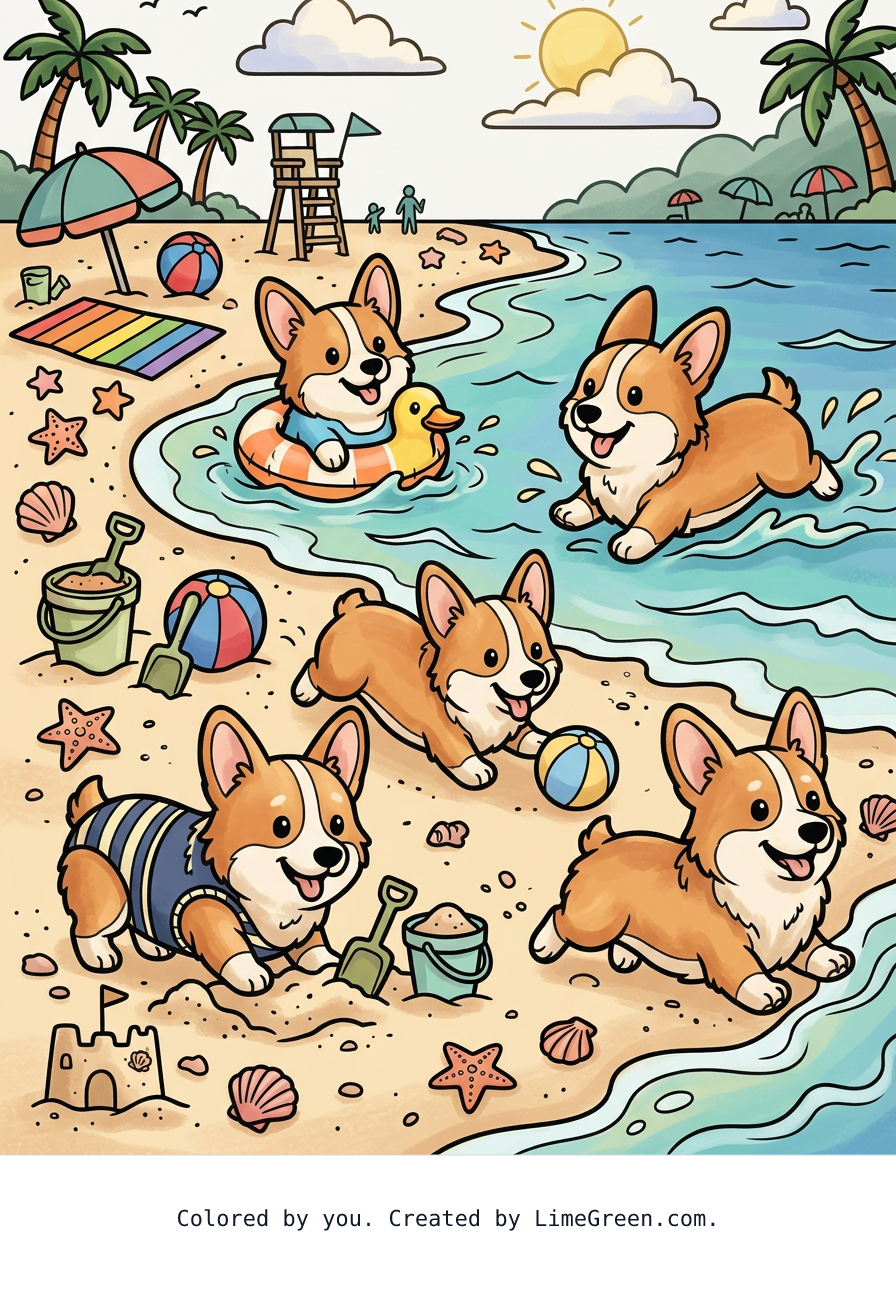 Colored preview of Adorable corgis at the beach