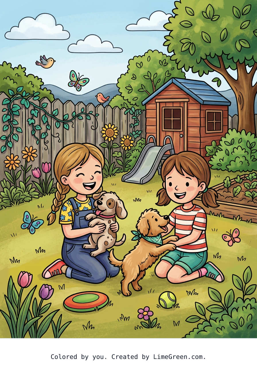 Colored preview of Two girls playing with two puppies in the yard