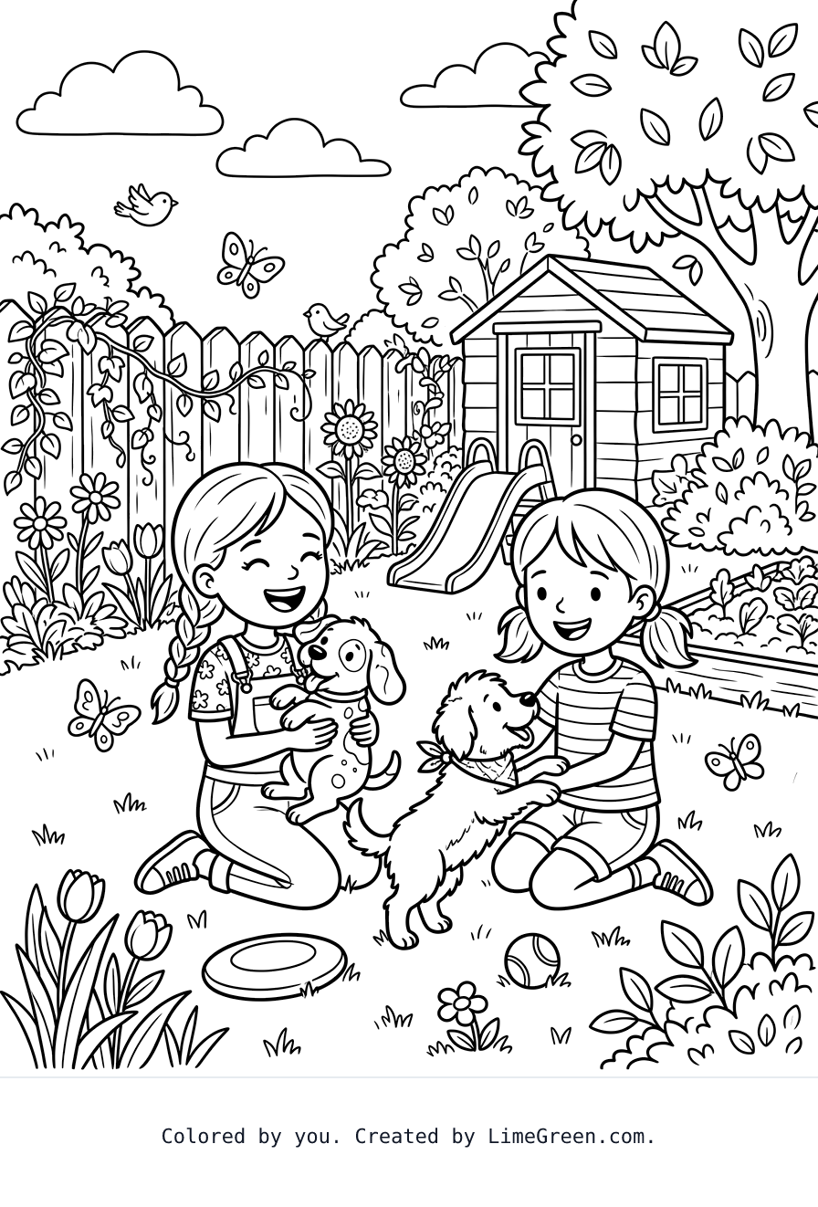 Two girls playing with two puppies in the yard