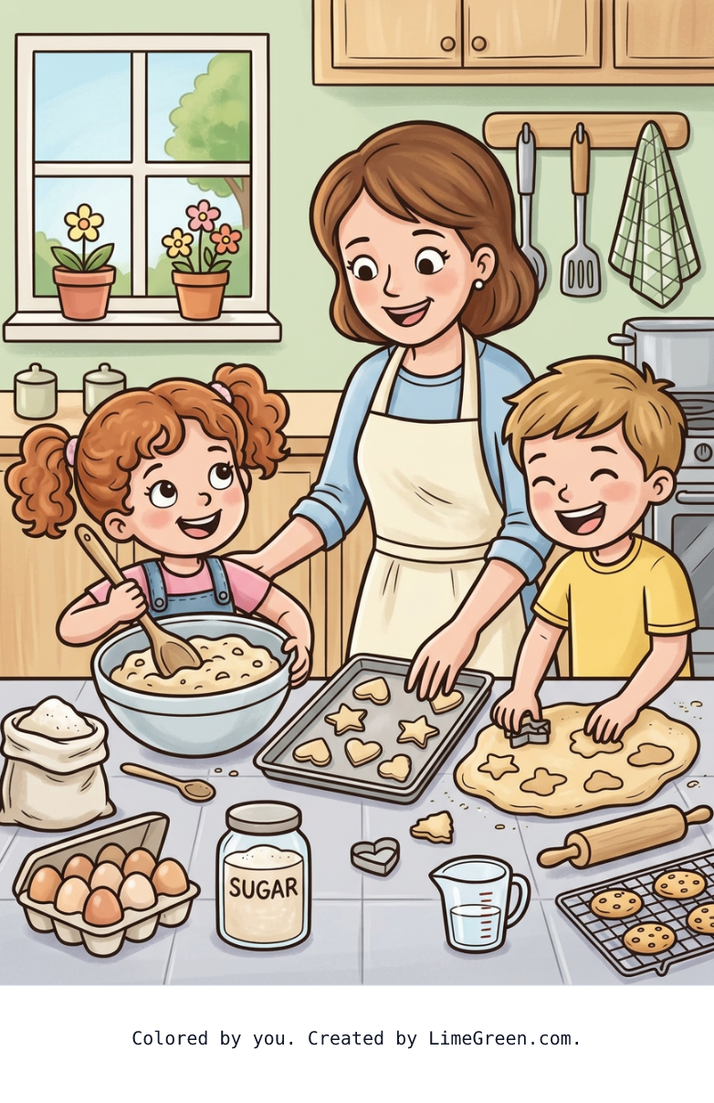 Colored preview of two children making cookies in the kitchen with their mom
