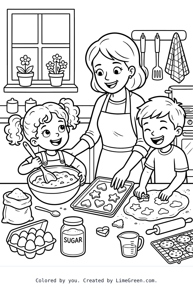 two children making cookies in the kitchen with their mom