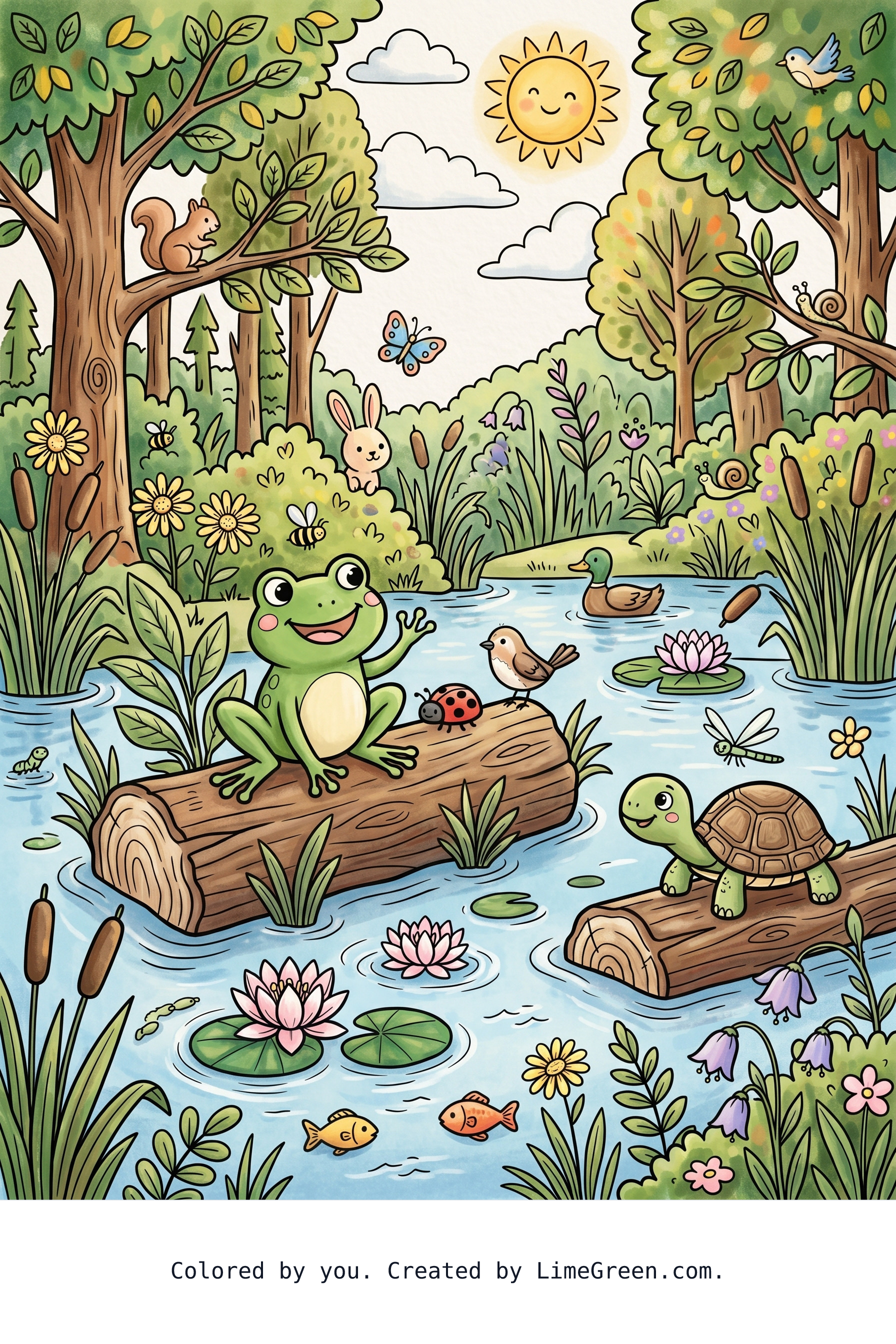 Colored preview of A cute frog sitting on a log in a pond with a nature scene in the background. Add turtles and other bugs and animals, trees, and flowers.