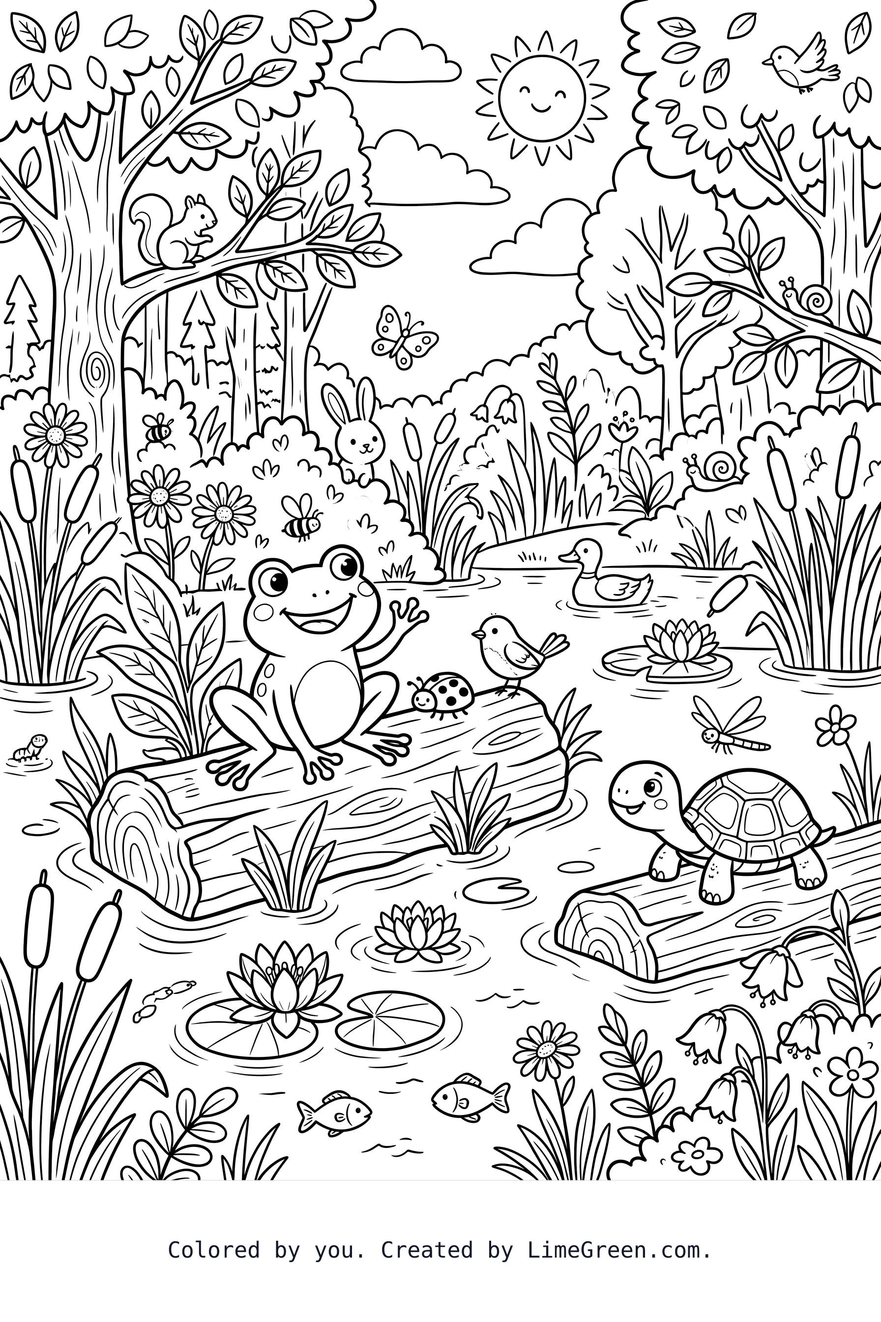 A cute frog sitting on a log in a pond with a nature scene in the background. Add turtles and other bugs and animals, trees, and flowers.