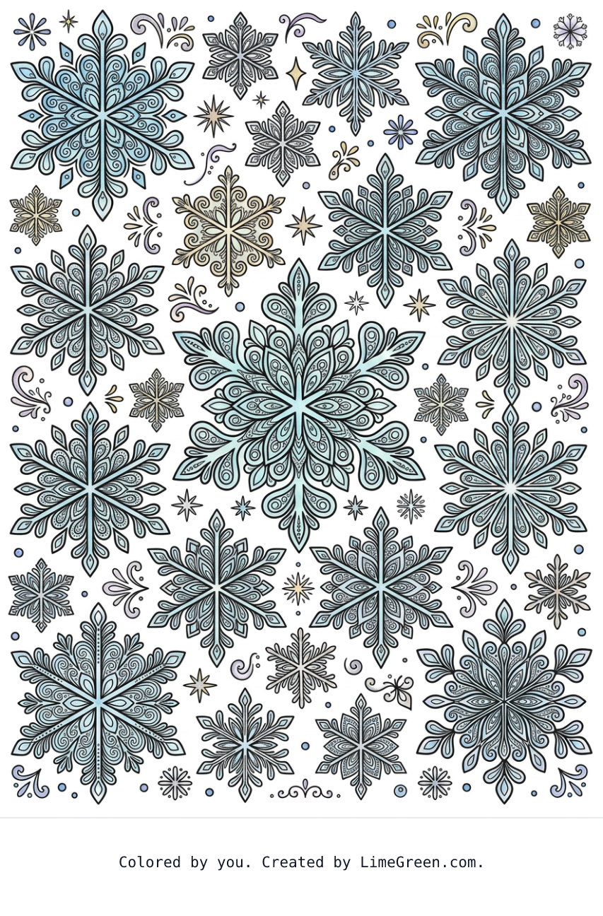 Colored preview of a zentangle style coloring page with snowflakes scattered around in different sizes
