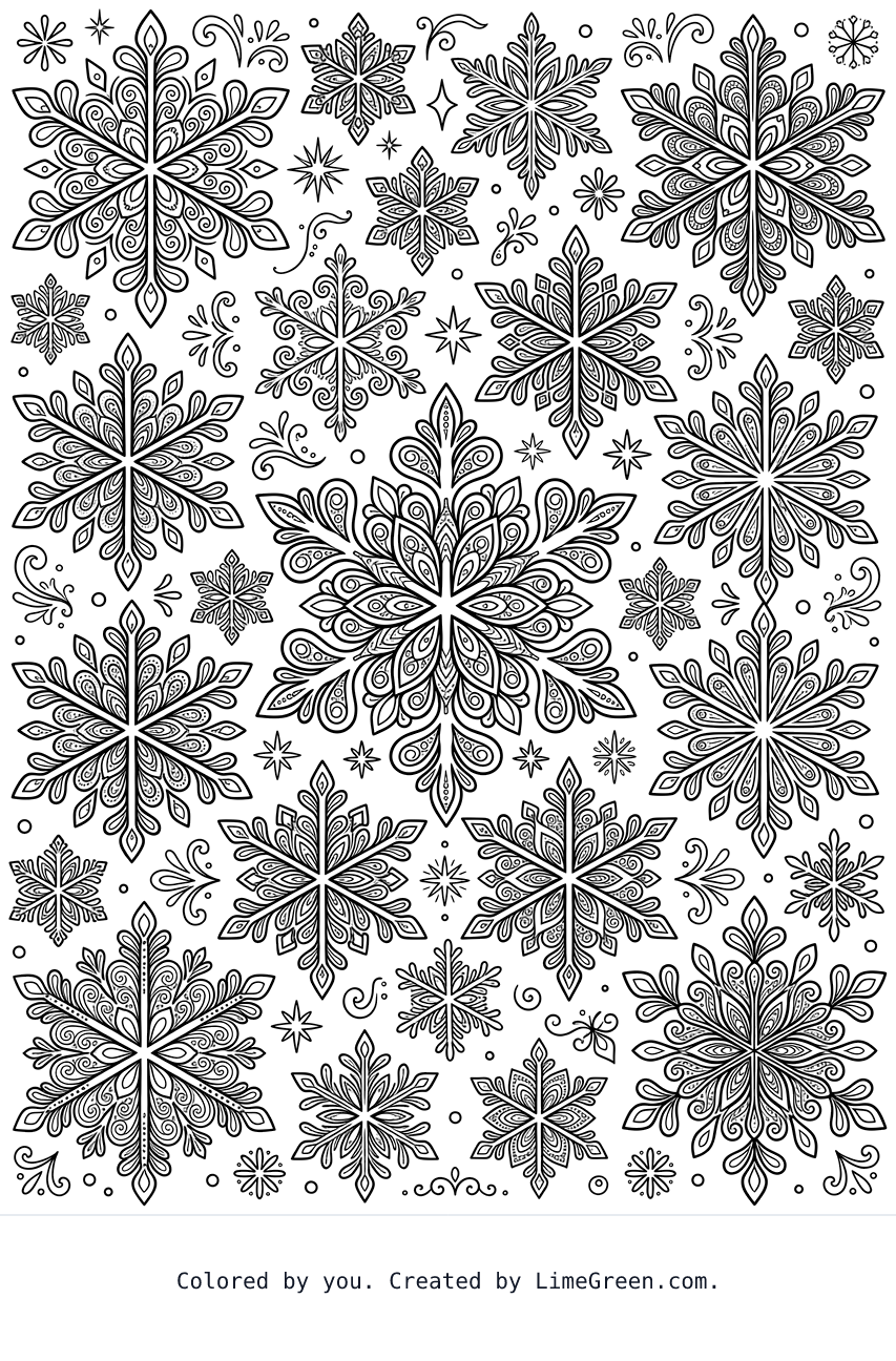 a zentangle style coloring page with snowflakes scattered around in different sizes