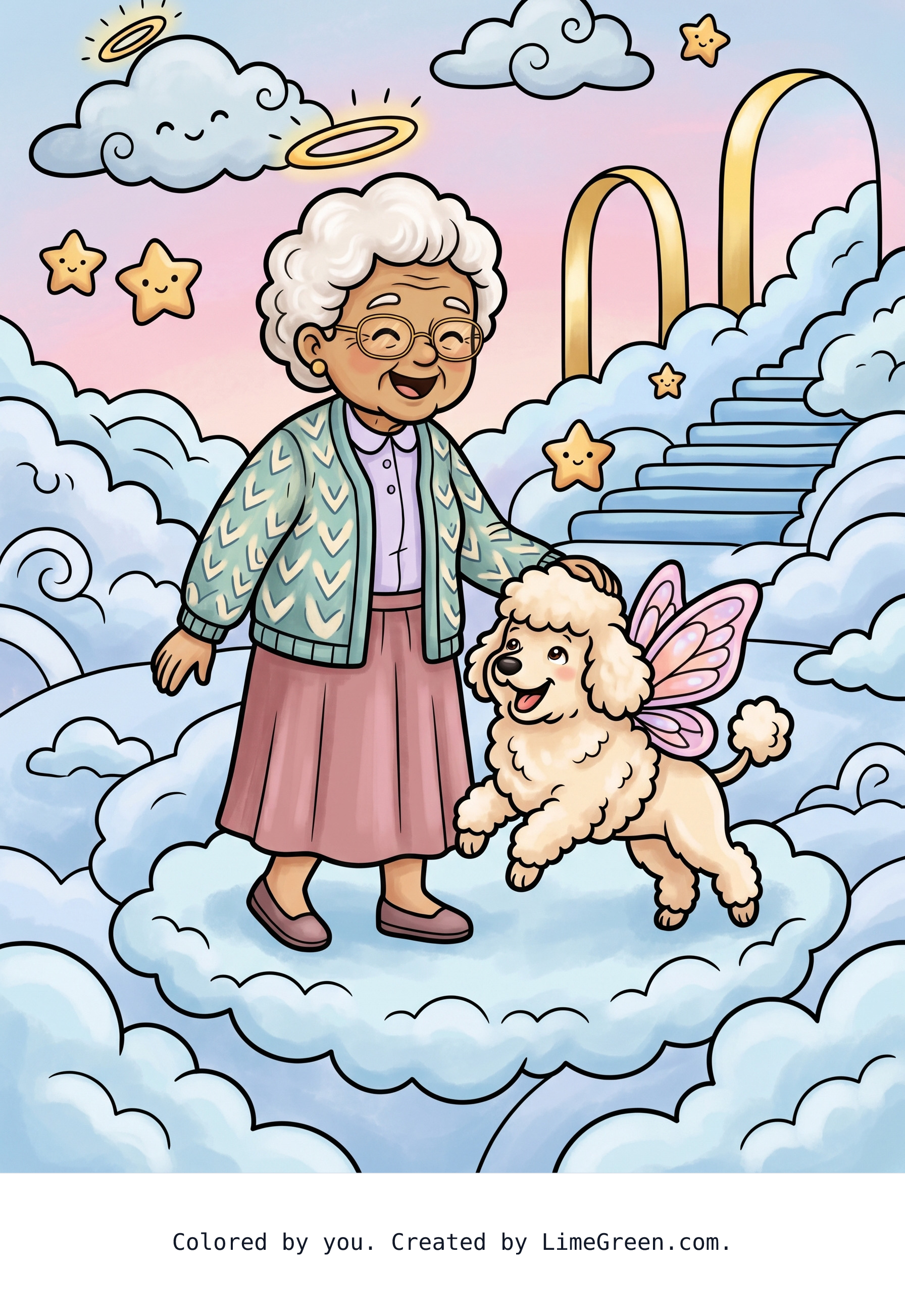 Colored preview of an old lady with a small poodle with wings in heaven in the background