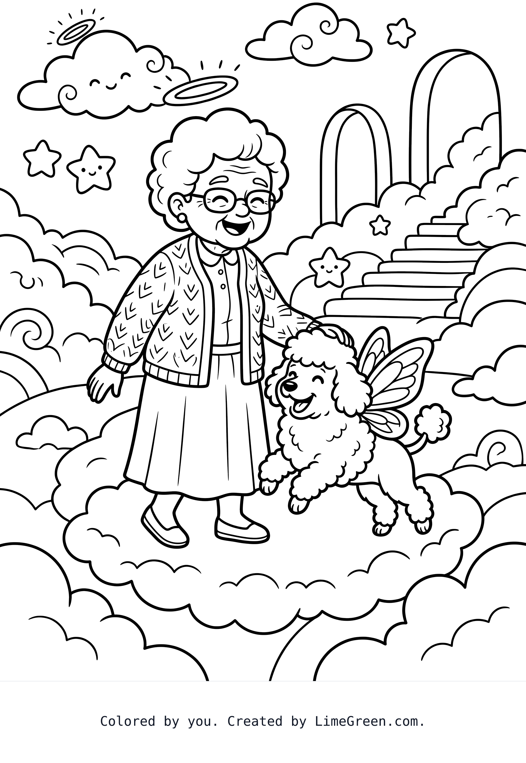 an old lady with a small poodle with wings in heaven in the background