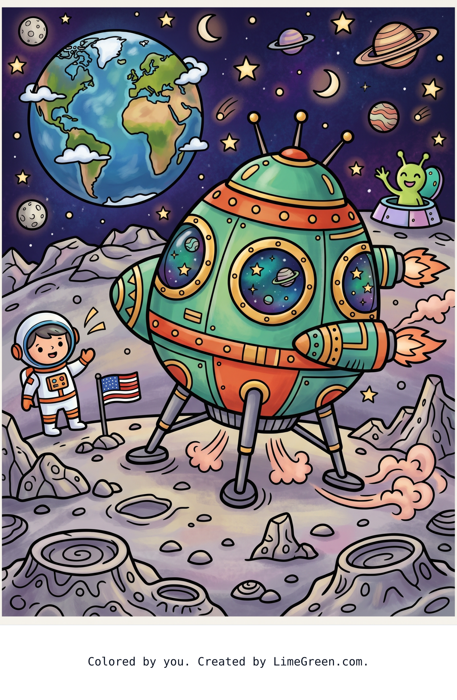 Colored preview of A spaceship landing on the moon.