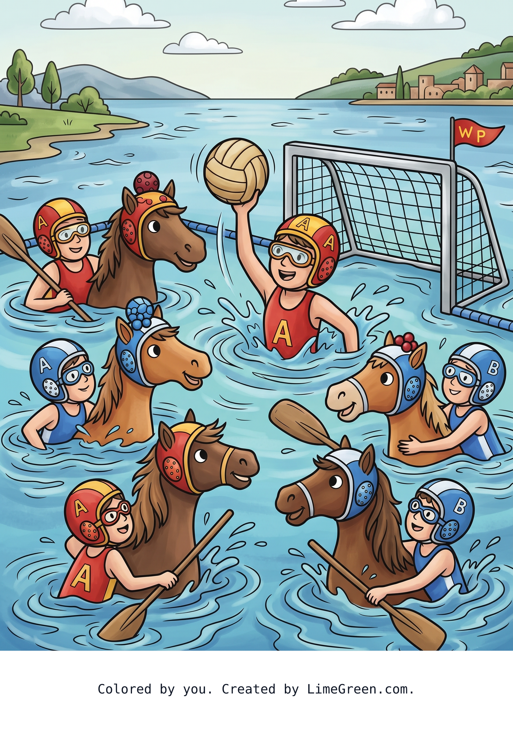 Colored preview of People playing water polo, but it’s actual pilot on horses but the horses are treading water