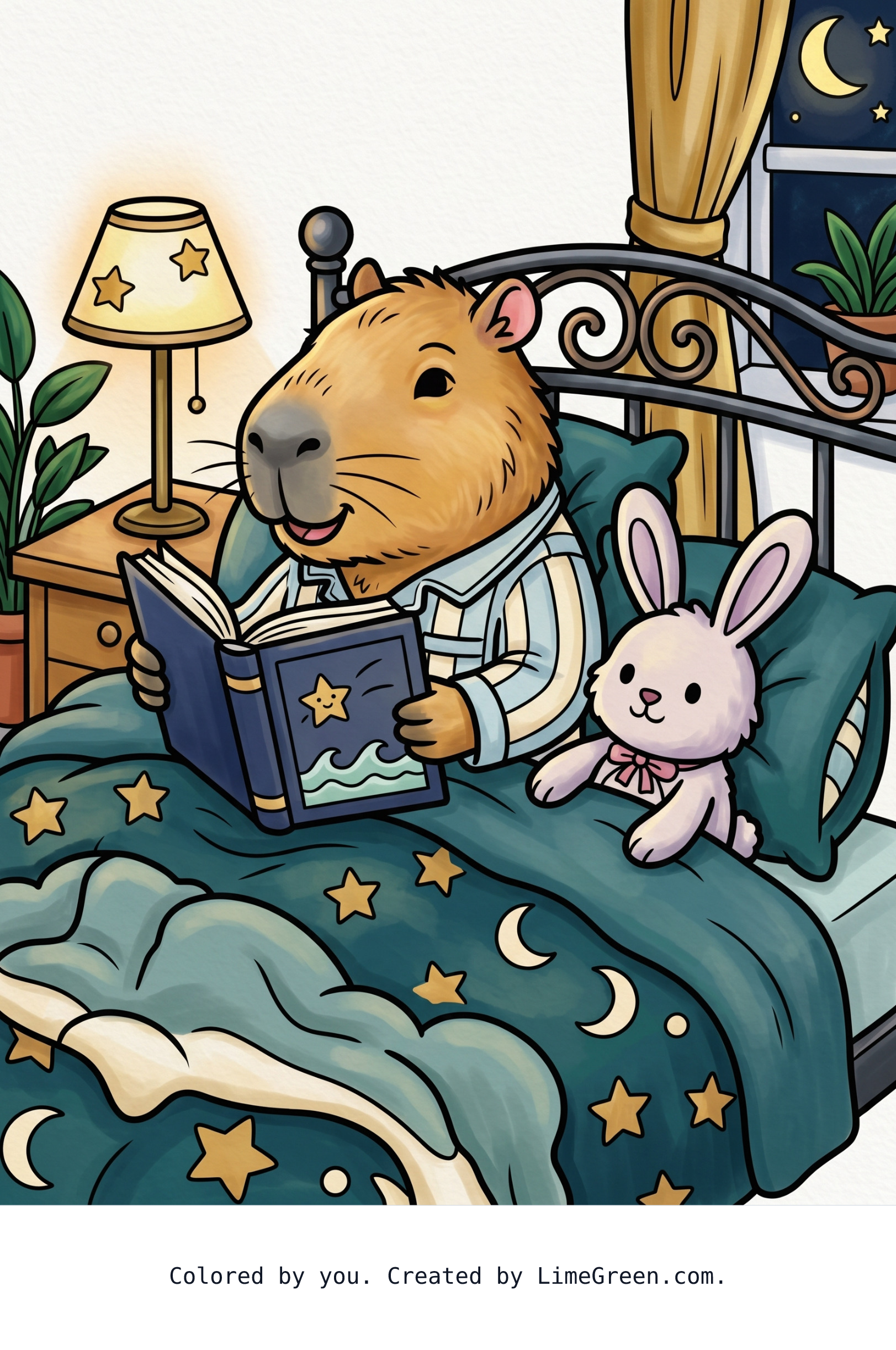 Colored preview of A capybara laying in the bed, with a bunny stuffed animal, reading a book