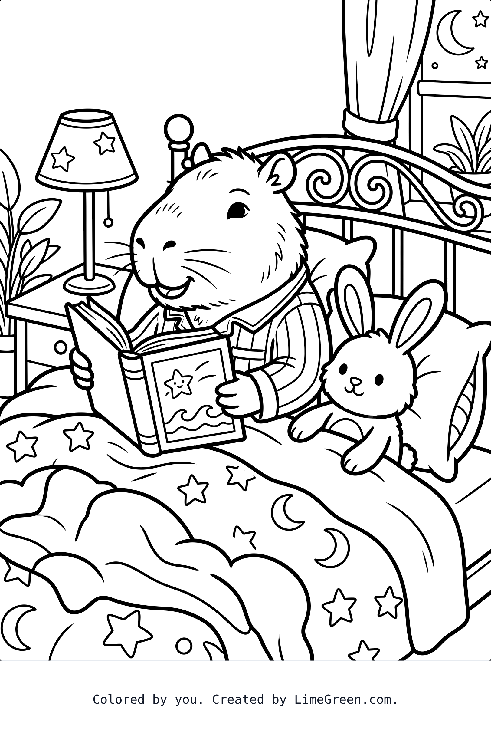 A capybara laying in the bed, with a bunny stuffed animal, reading a book