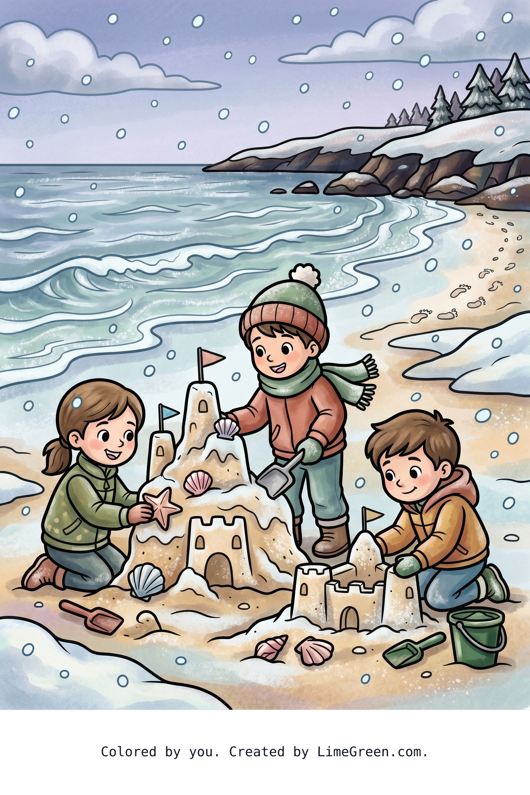 Colored preview of Snow falling while kids build sand castles on the beach